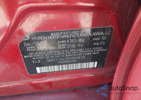 2014 Hyundai Sonata Se/Limited z USA, uszkodzony, nr VIN 5NPEC4AC2EH864670